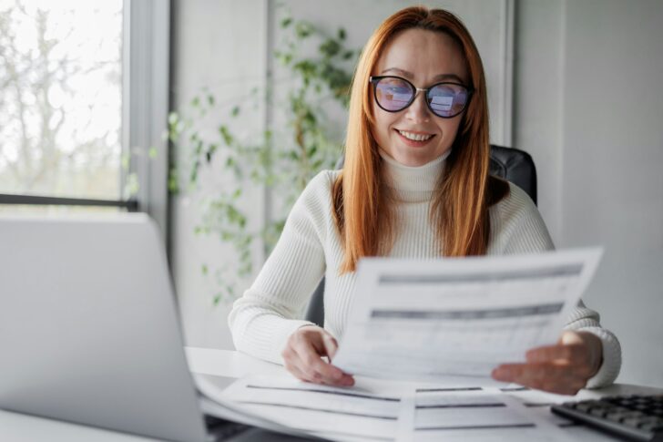 Happy mature woman with documents or invoices in an office